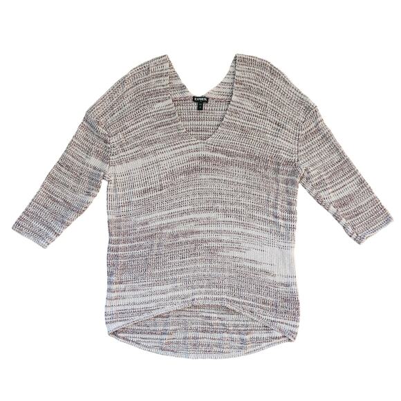 Express Women's Maroon and Cream V-Neck 3/4 Sleeve Knit Oversized Sweater Size S - Picture 1 of 4